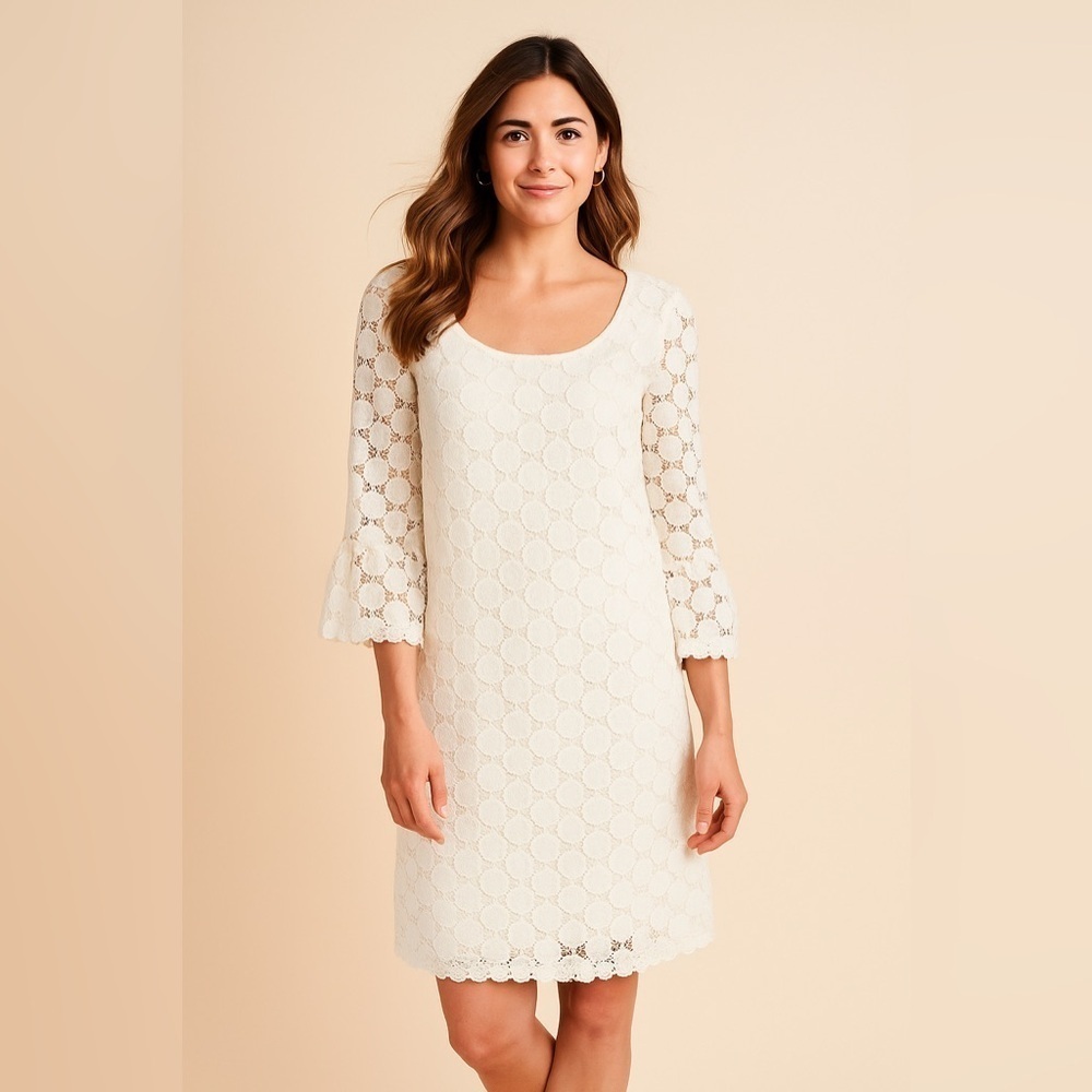 Lace Dress Shift Spring Bridal Balletcore 3/4 Sleeve Ruffle Cream White Lined XL